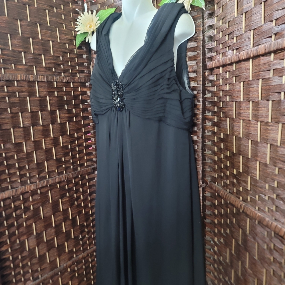 Adrianna Papell Portrait Collar Ruched Black Formal Dress Chiffon Women Size 16 - Picture 3 of 11